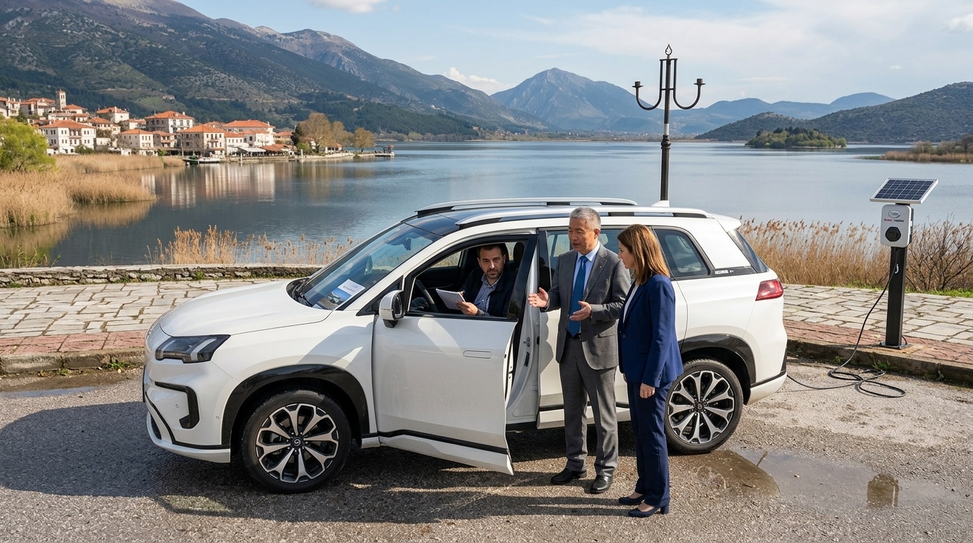GAC AION electric vehicle driving on a Greek road