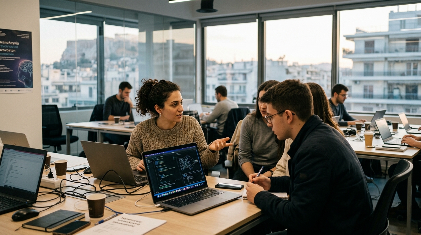 Greek user interacting with technology and Artificial Intelligence in a digital environment.