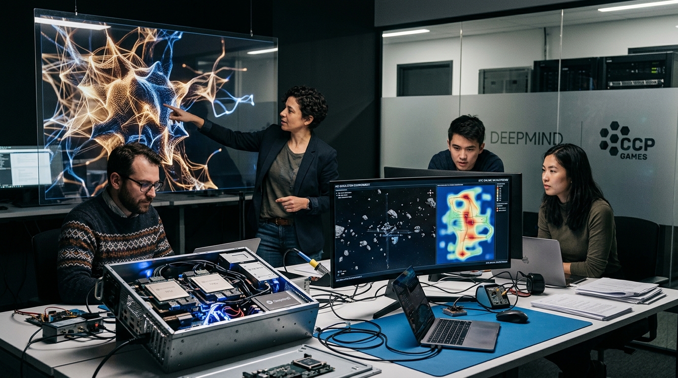Λογότυπα DeepMind και CCP Games με φόντο το Eve Online για έρευνα AGI.