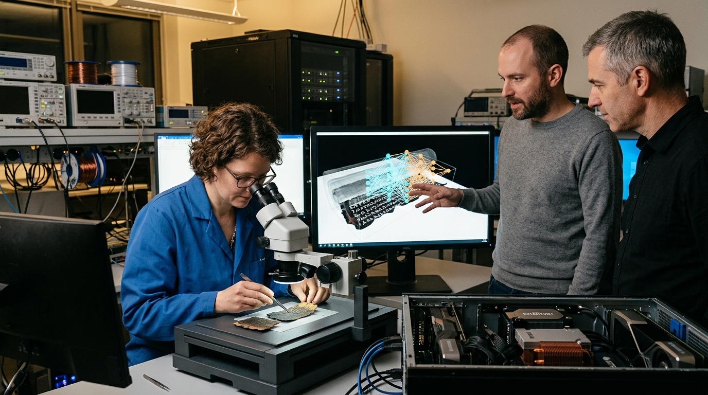 Digital reconstruction and AI analysis of carbonized Herculaneum scrolls from the Vesuvius eruption.