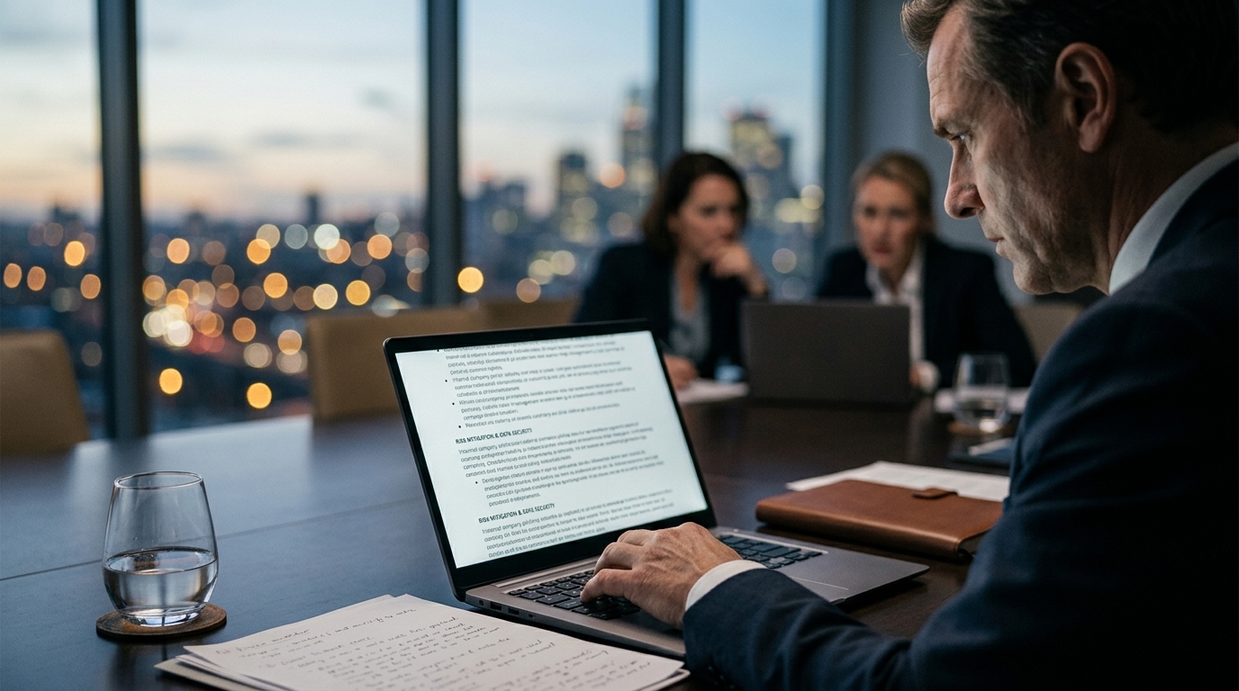 Corporate executive reviewing AI adoption data on a digital interface in a modern office.