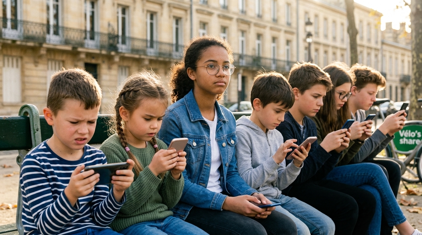 Social media icons with a prohibition sign for children under 15 in France.
