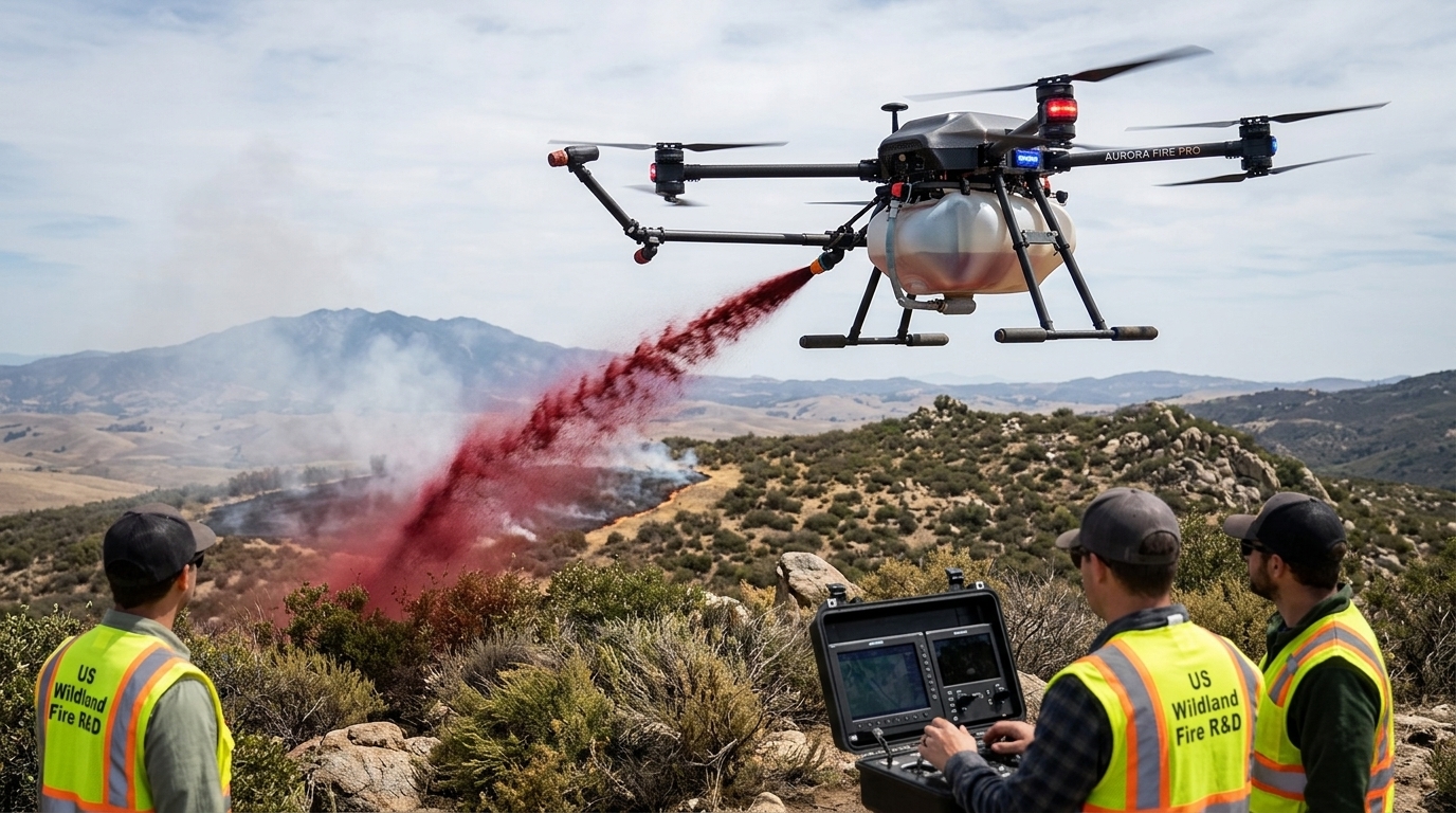 Autonomous firefighting drones flying over a forest to suppress a wildfire during testing.