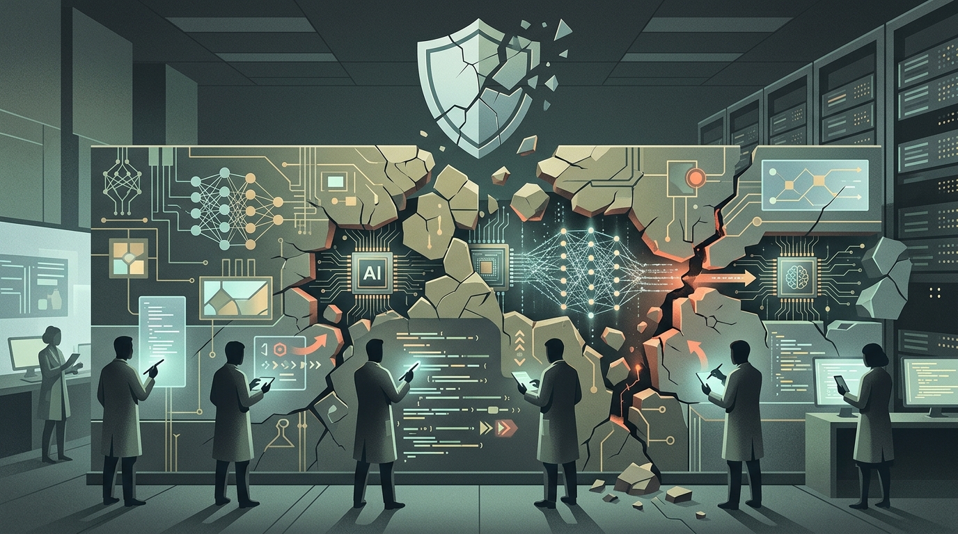 Digital illustration of a cyber attack piercing AI safety guardrails.
