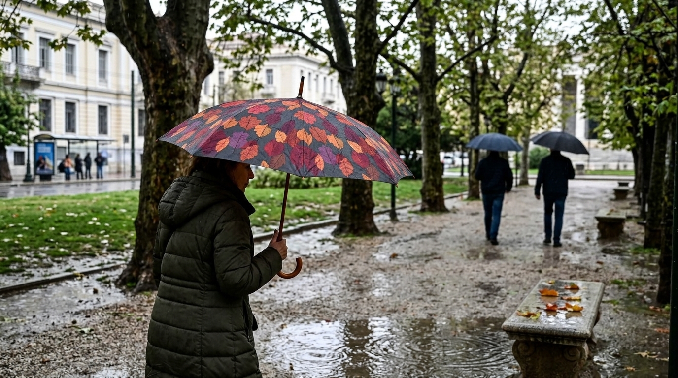 Βροχερός καιρός την Πρωτομαγιά στην Ελλάδα με ομπρέλες στο δρόμο.