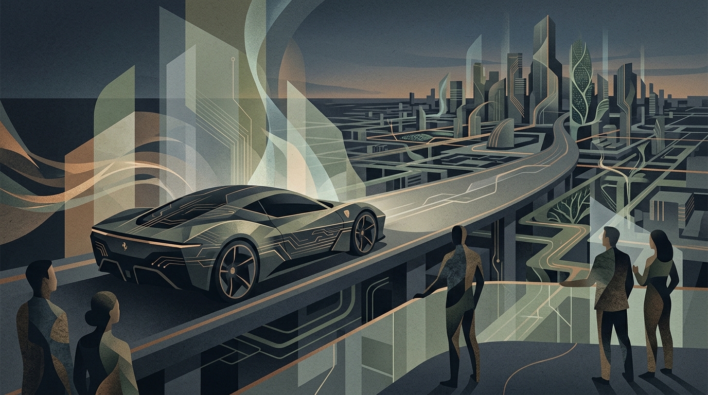 The new Ferrari Luce electric vehicle showcased in a futuristic setting.