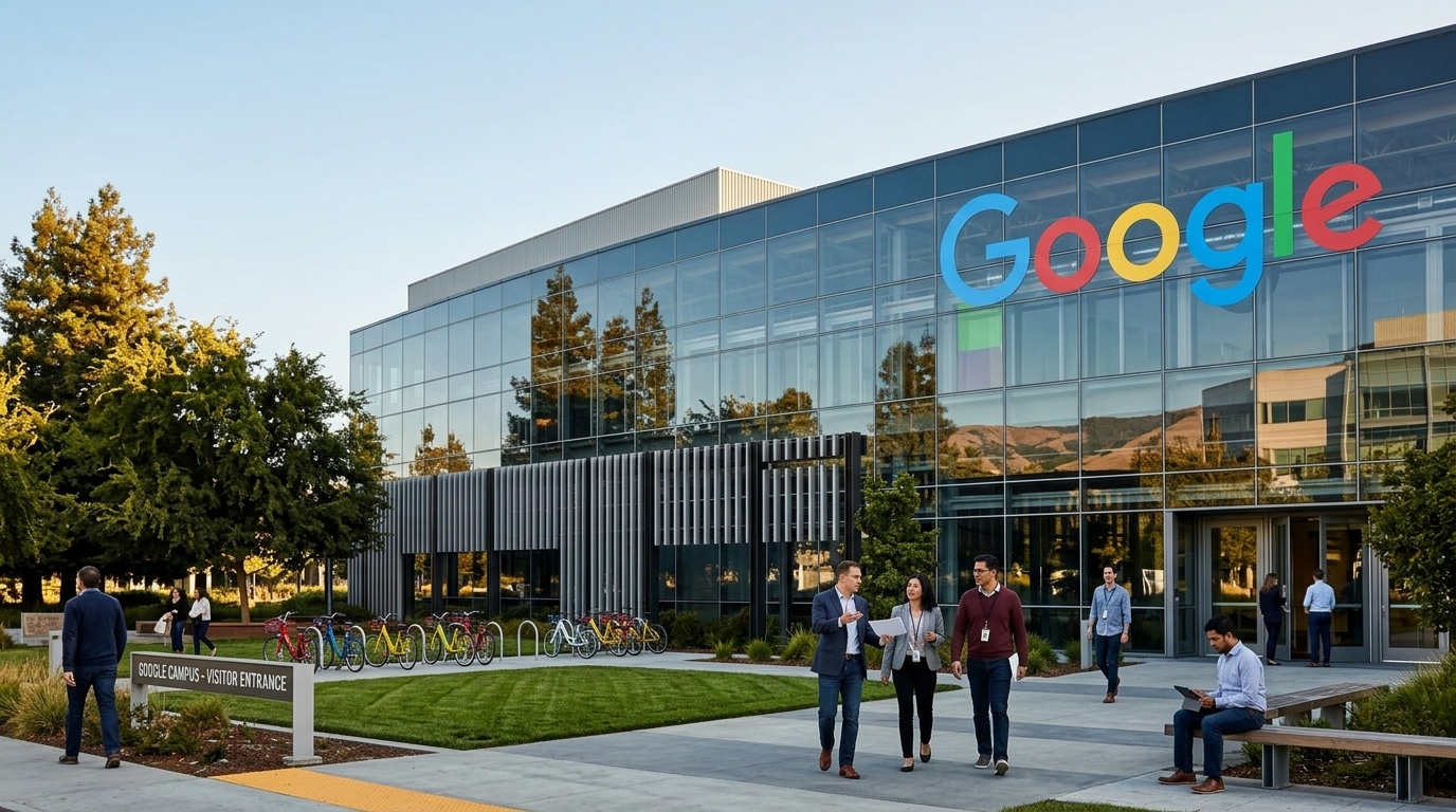 Google logo and digital advertising icons in a US courtroom setting for antitrust news.