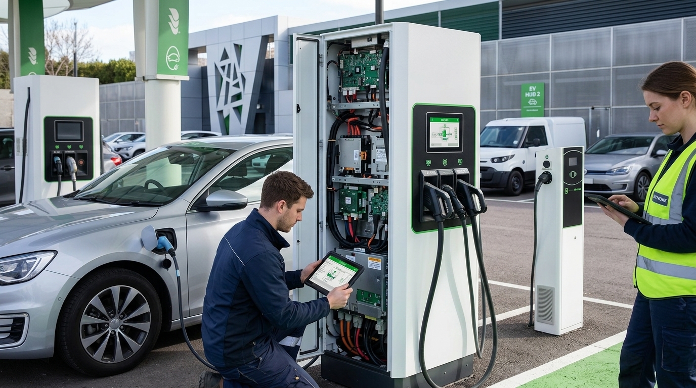 AI agents monitoring an electric vehicle charging station for security.