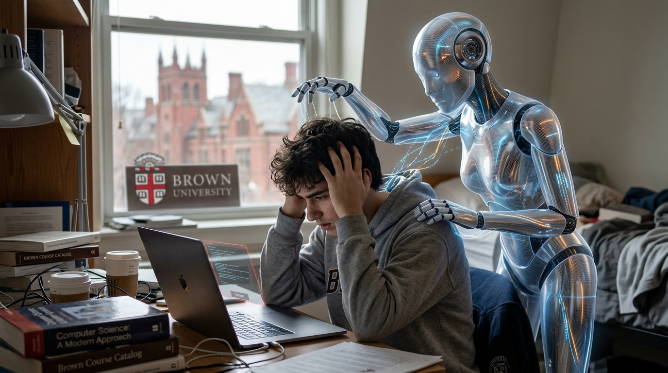 Brown University campus and the issue of AI cheating in higher education.