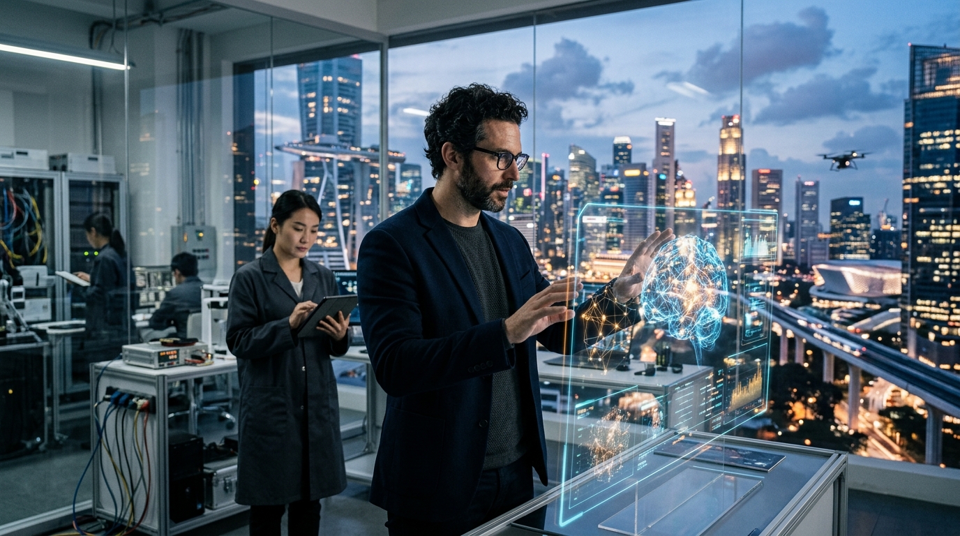 Professional using Artificial Intelligence tools to enhance productivity in a modern office setting.