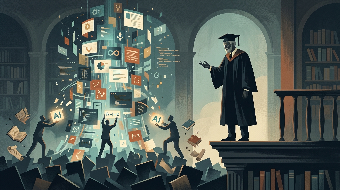 University professor in a lecture hall discussing AI cheating and academic ethics.