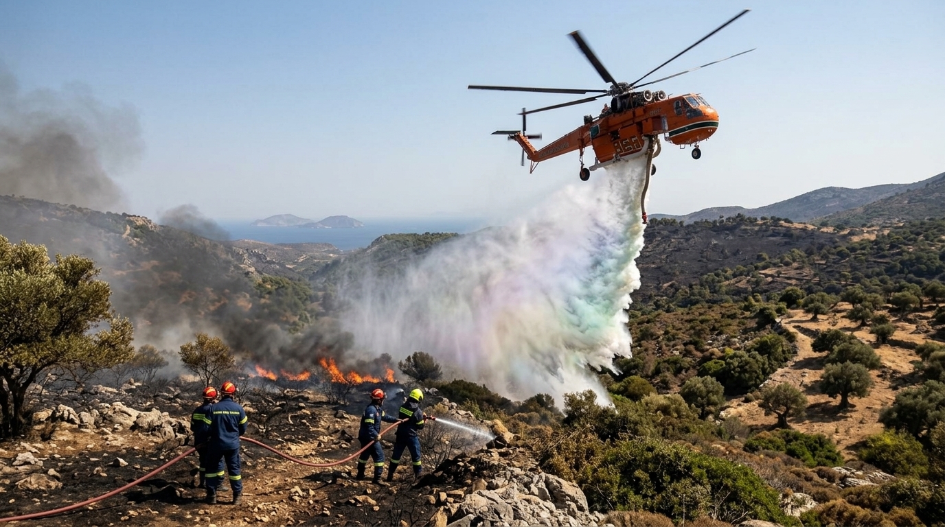 Firefighters battling the wildfire in Karystos, Evia amidst the climate crisis.