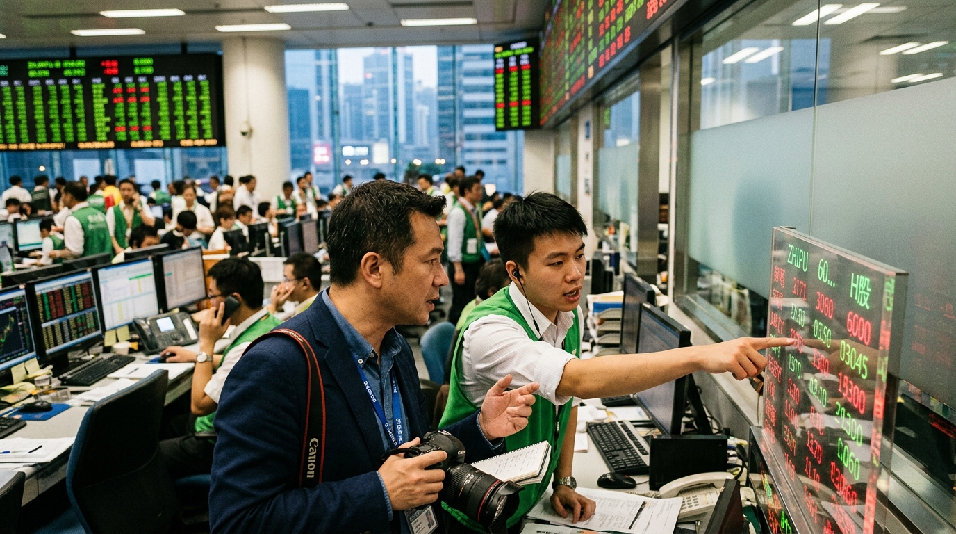 Stock market charts and the Zhipu AI logo in China.