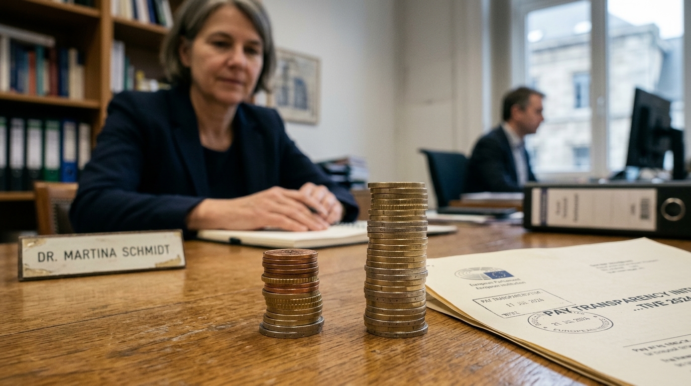 Digital illustration representing pay transparency and gender equality in the European Union.
