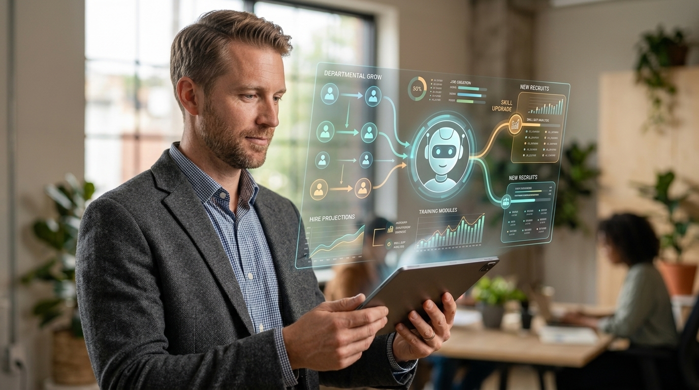 Professionals collaborating with AI tools in a modern office setting.