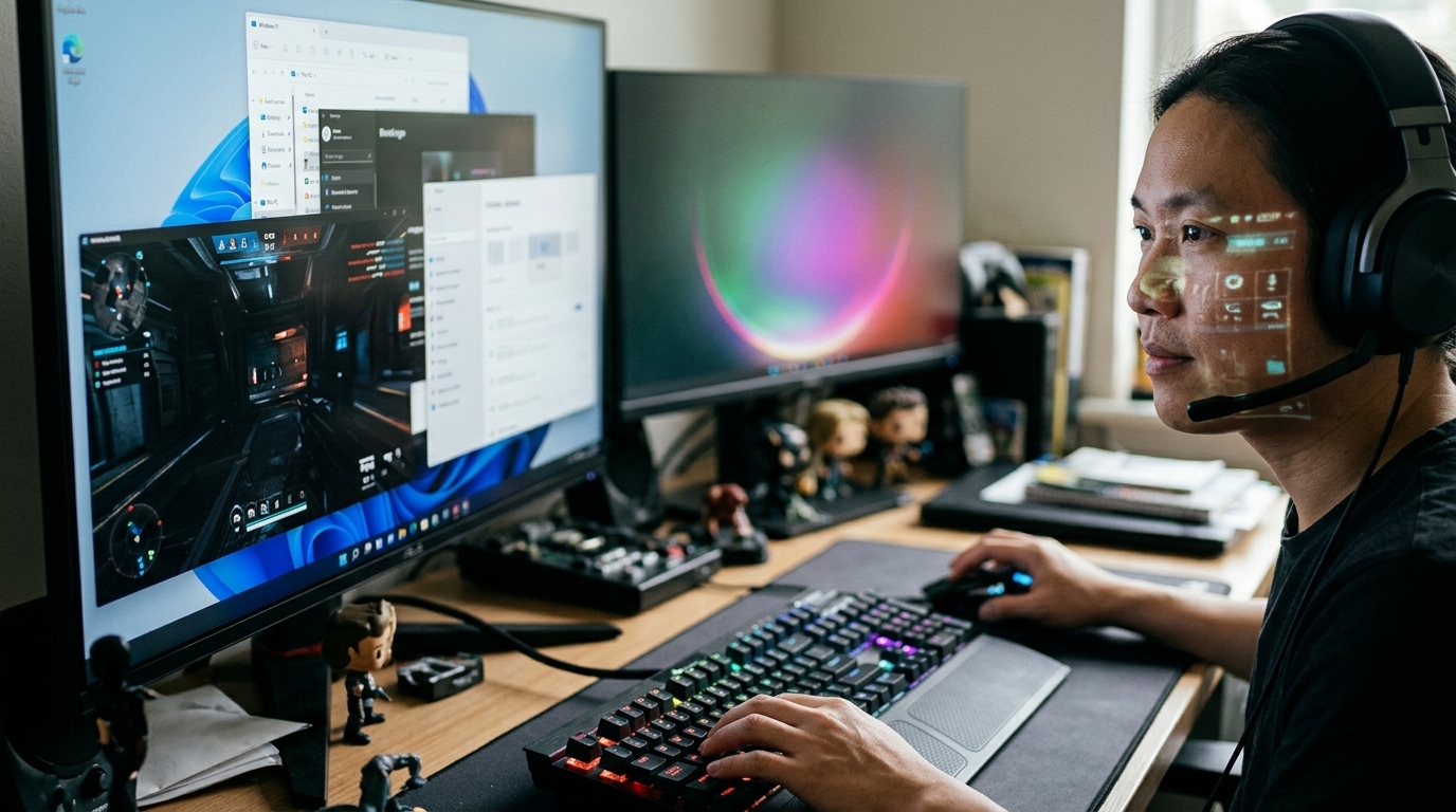 Windows 11 logo on a gaming PC screen highlighting security and performance.