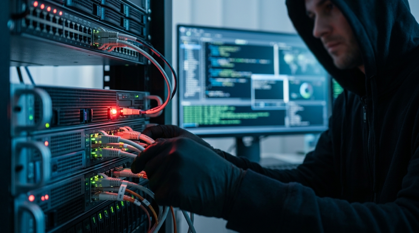 Digital illustration of autonomous AI malware attacking computer networks.