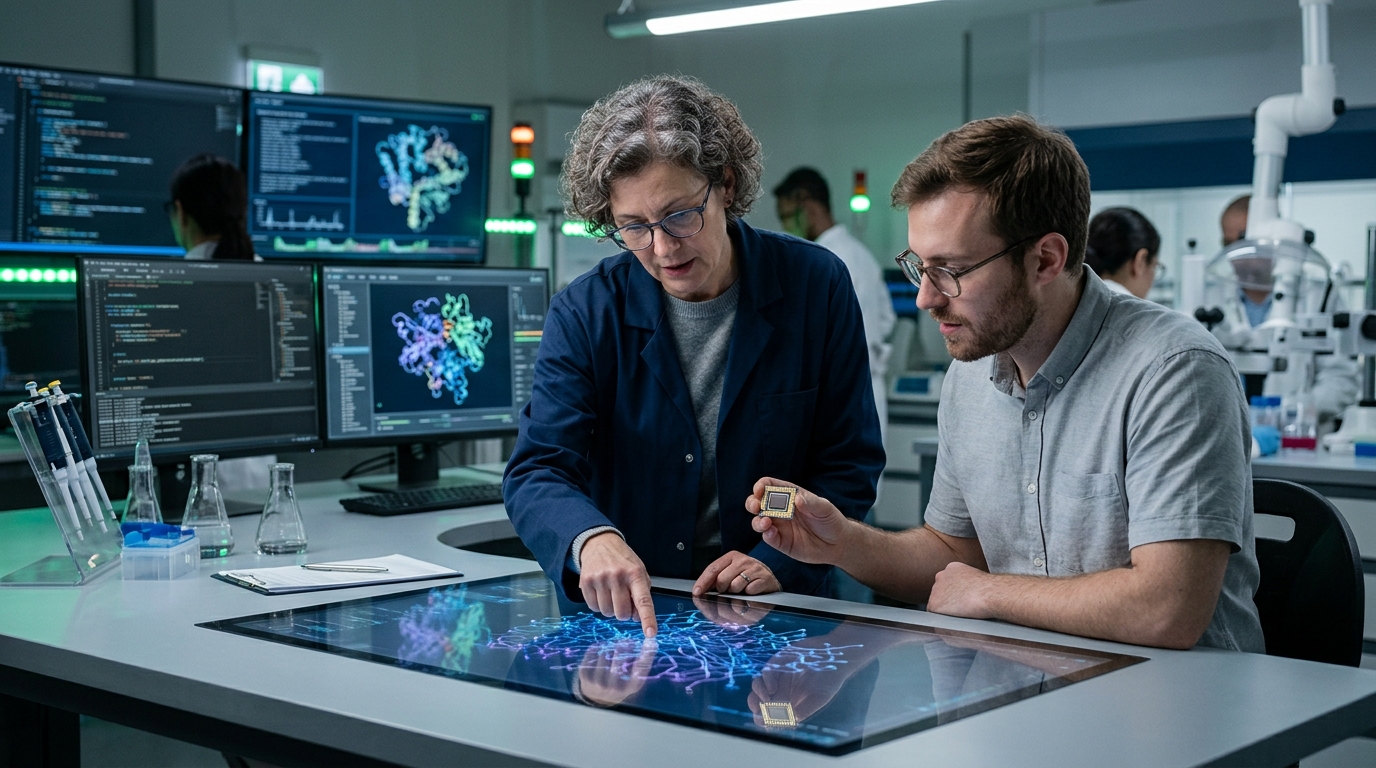 Scientist using Insilico Medicine software for AI-driven drug discovery and target identification.