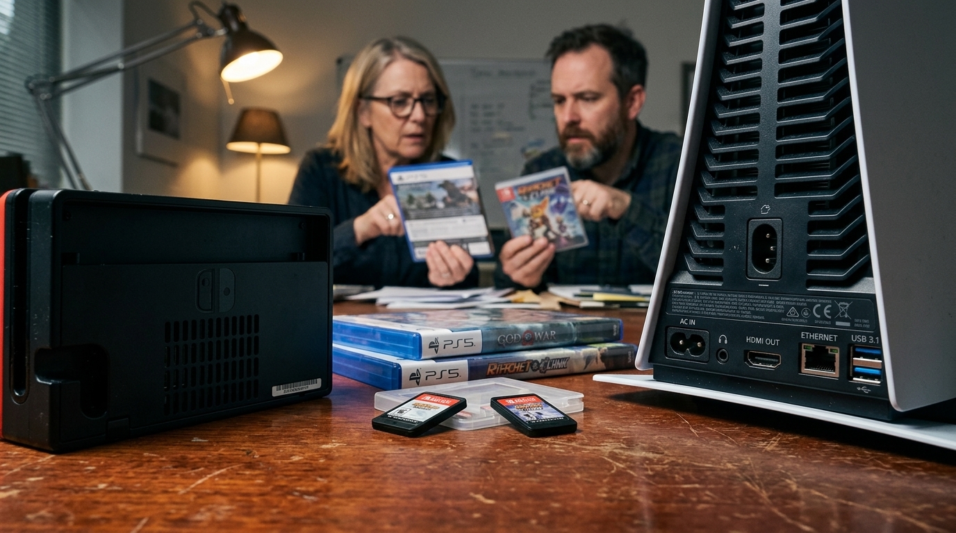 Nintendo Switch and PlayStation consoles next to physical game cases.