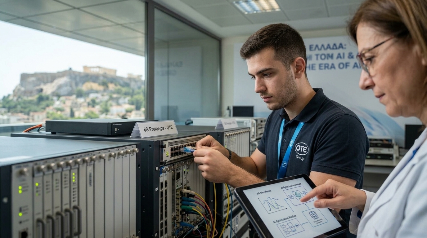 Ψηφιακός χάρτης της Ελλάδας με σήματα για δίκτυα 6G και 5G.