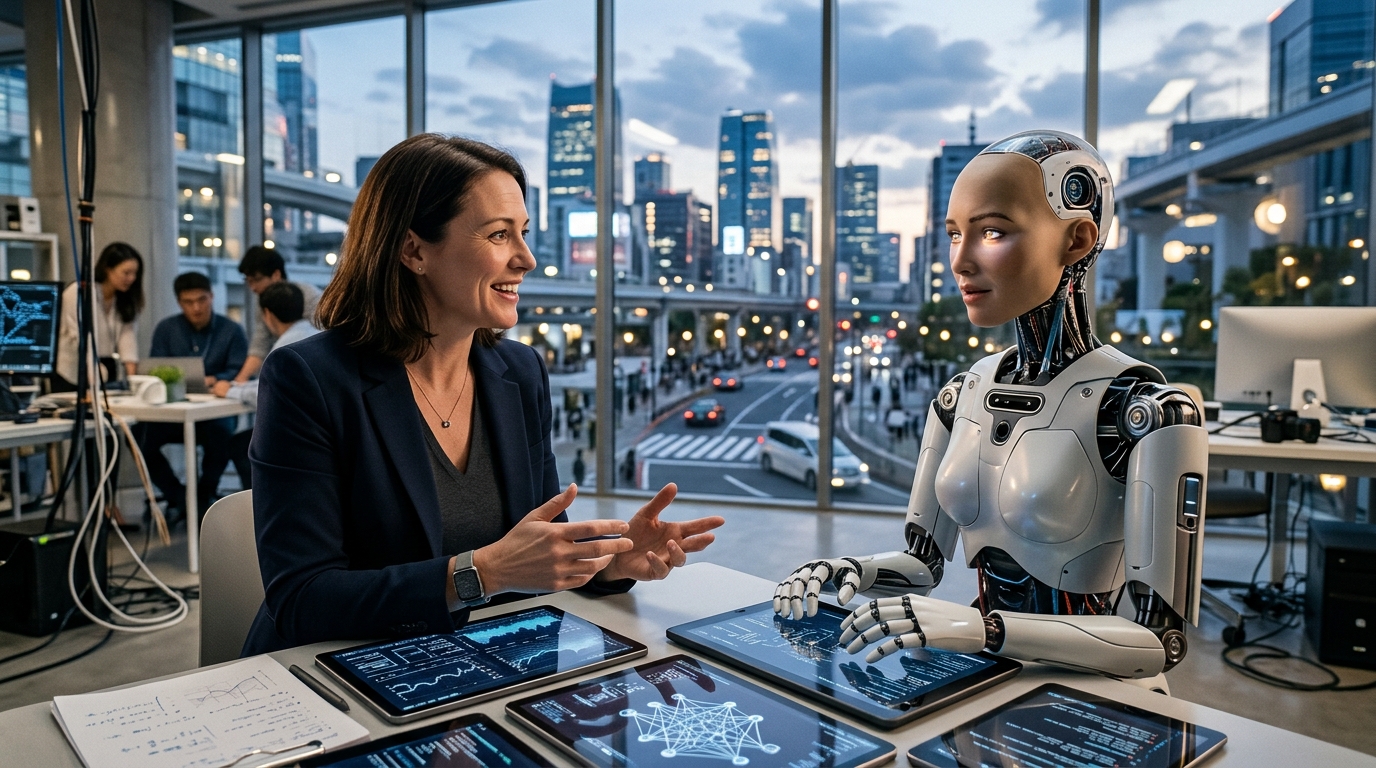 Human and Artificial Intelligence collaborating in a modern office setting.