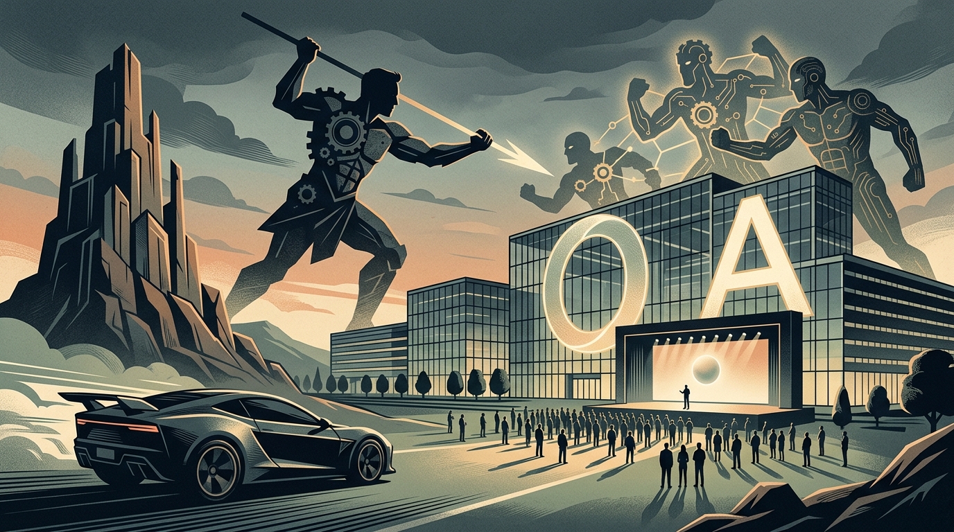 Elon Musk facing OpenAI and Apple logos representing the conflict over Artificial Intelligence.