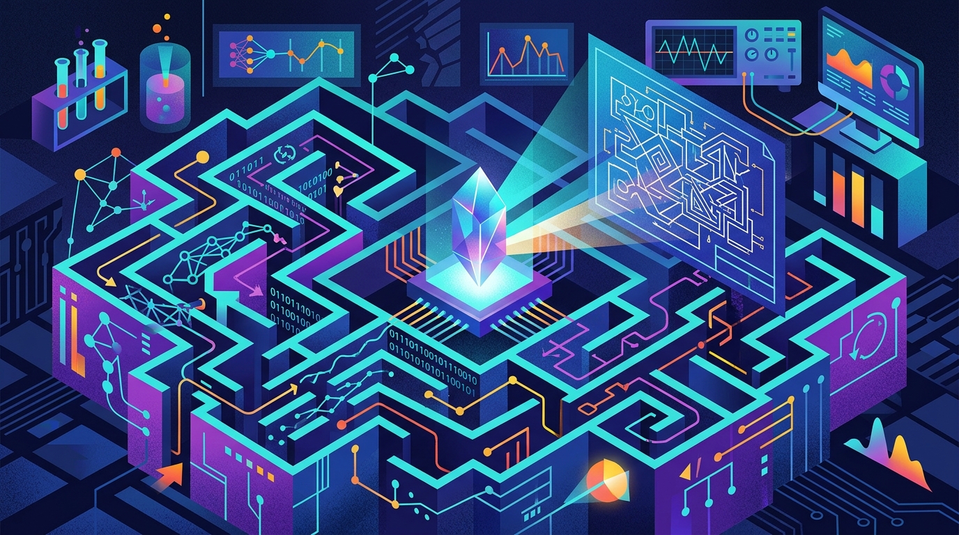Abstract digital visualization of a complex logic labyrinth representing AI code verification challenges.