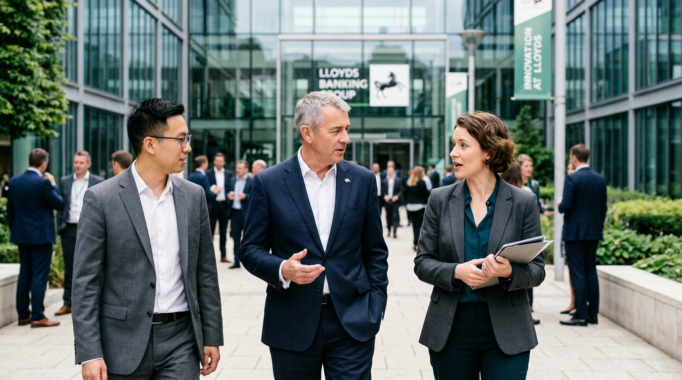 Lloyds Banking Group office with digital overlays representing artificial intelligence and data analytics.