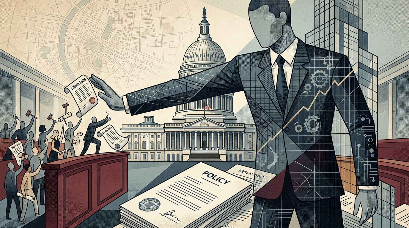 Legal gavel and corporate documents representing citizen suits and policy changes.