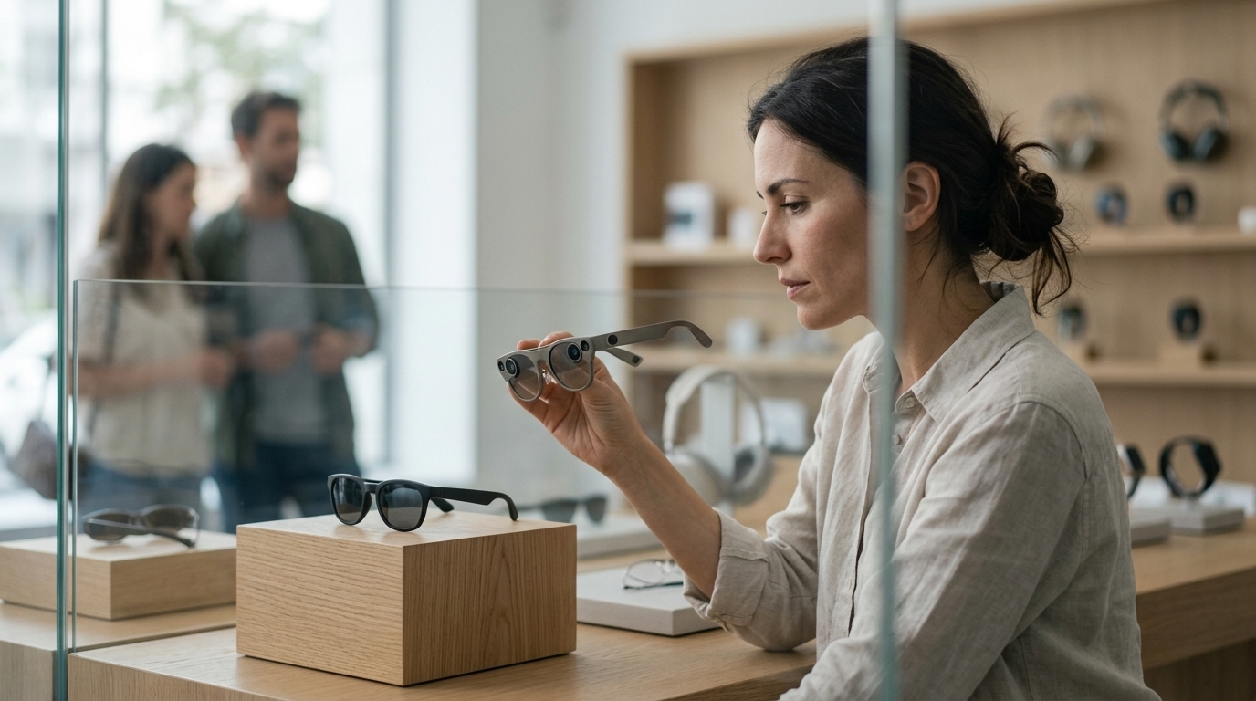 Modern smart glasses with AI sensors and cameras highlighting privacy and surveillance concerns.