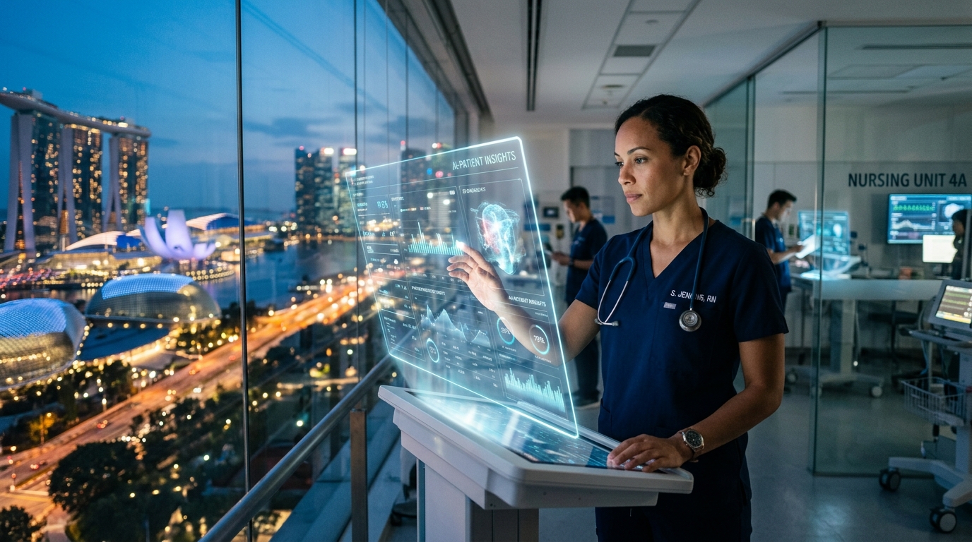 Nurse using an AI-powered tablet for patient data management in a clinic.