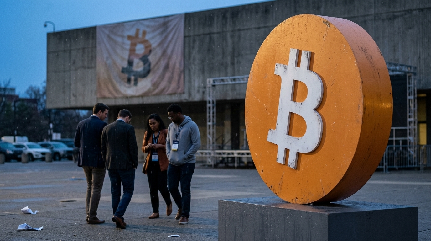 Digital representation of Bitcoin coin with downward market price charts.