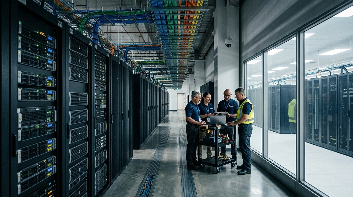 Modern Data Center facility highlighting energy consumption for AI expansion.
