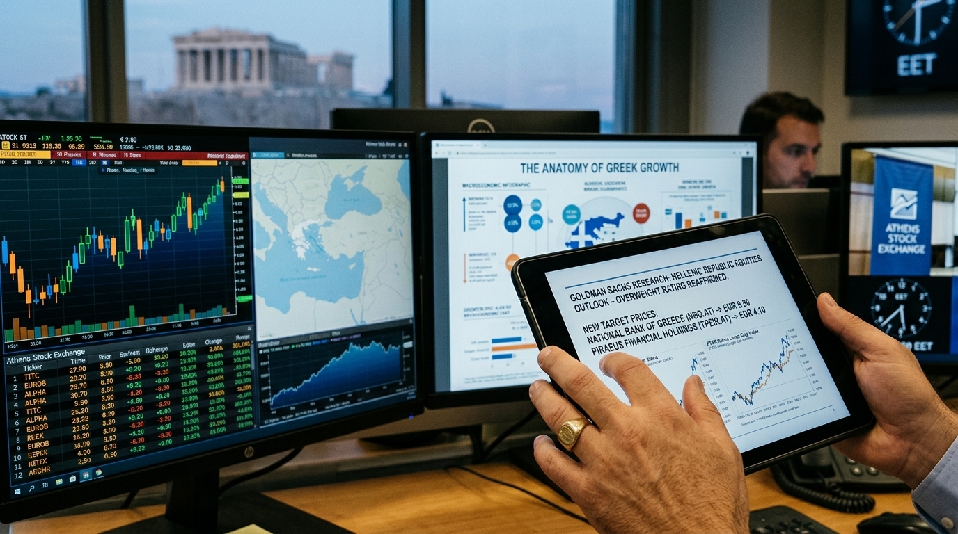 Γραφήματα οικονομικής ανόδου και το λογότυπο του Χρηματιστηρίου Αθηνών με ανάλυση της Goldman Sachs.