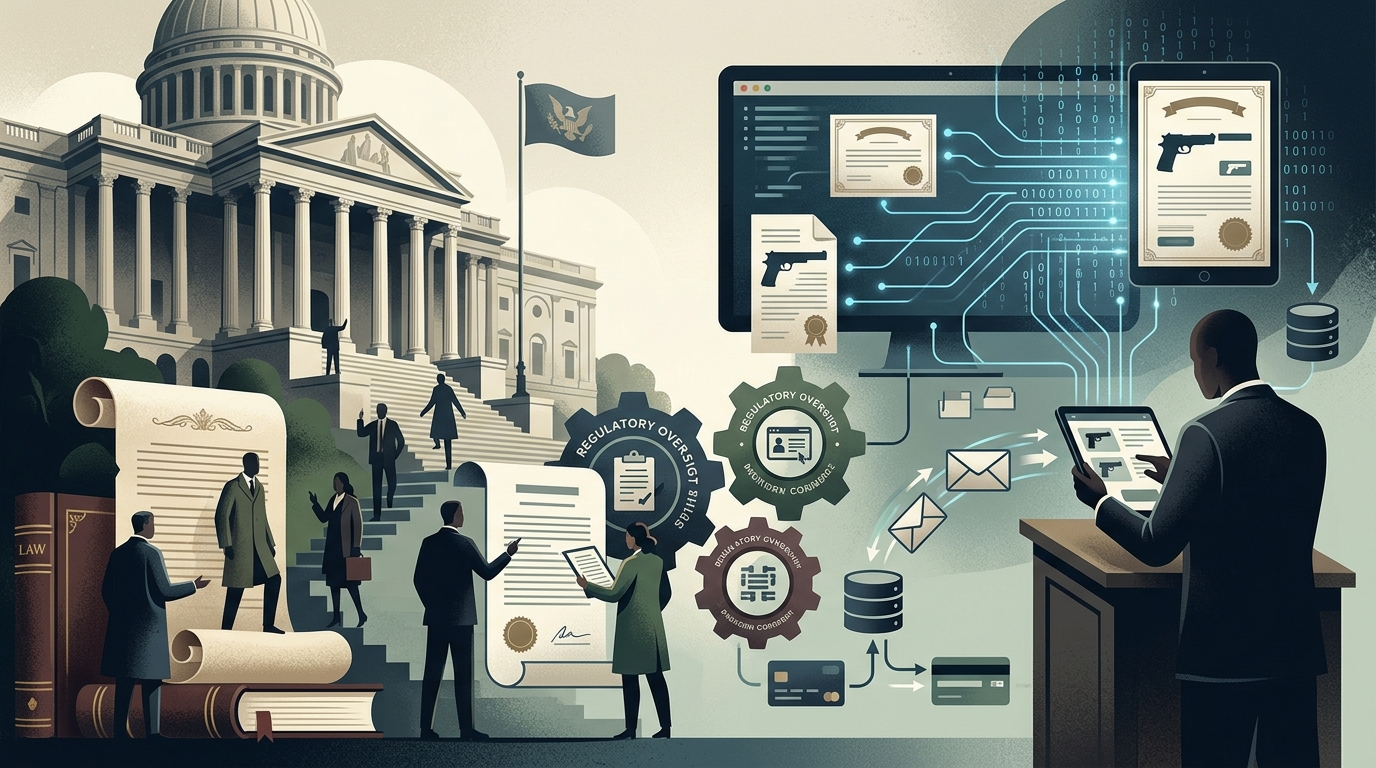 A digital concept showing firearm shipping logistics under new ATF reform rules.