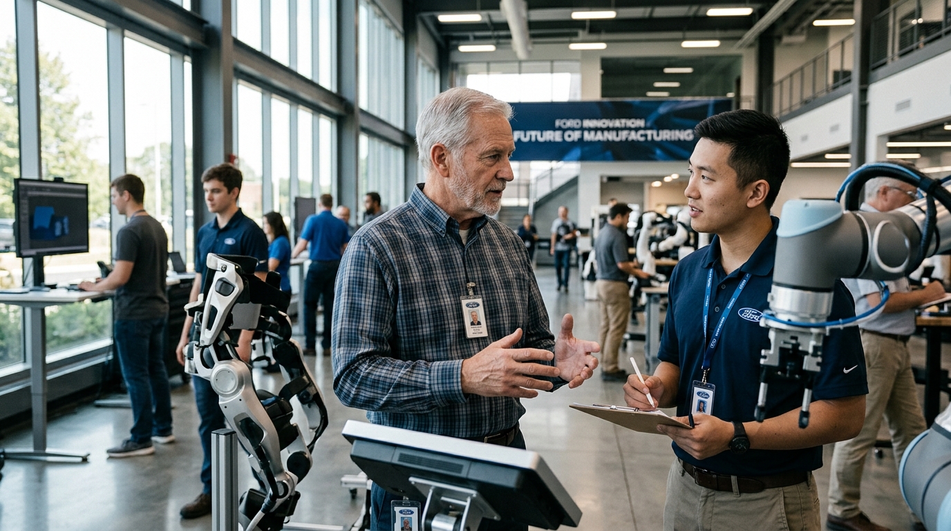 Ford inspector performing quality control alongside AI systems in a factory.