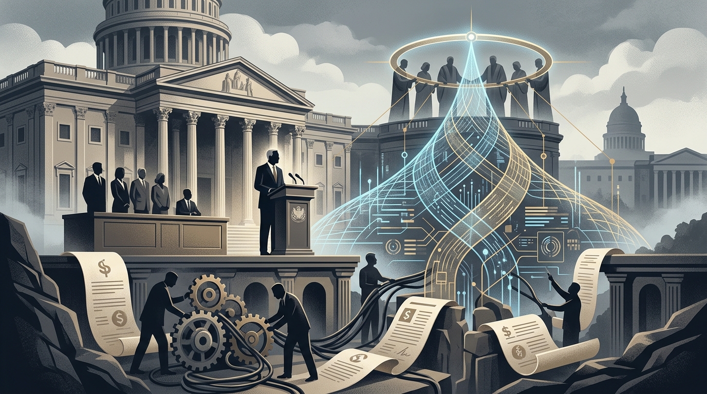 Digital representation of Super Intelligence and human oversight in AI infrastructure.