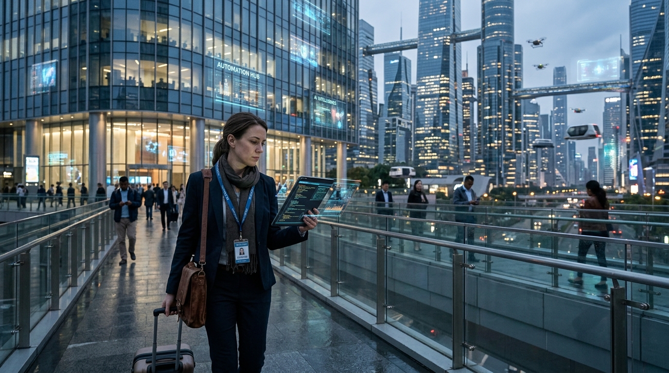 Modern office setting with digital interfaces representing AI automation and the displacement of routine tasks.
