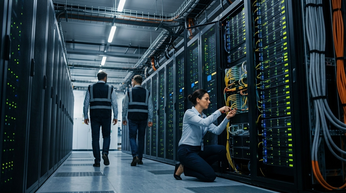 Σύγχρονο data center που αντιπροσωπεύει την υποδομή της τεχνητής νοημοσύνης και την κατανάλωση ενέργειας.