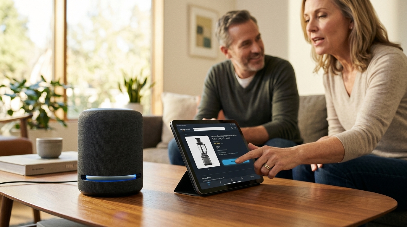 Amazon Alexa Plus interface on a smartphone showing conversational commerce features.