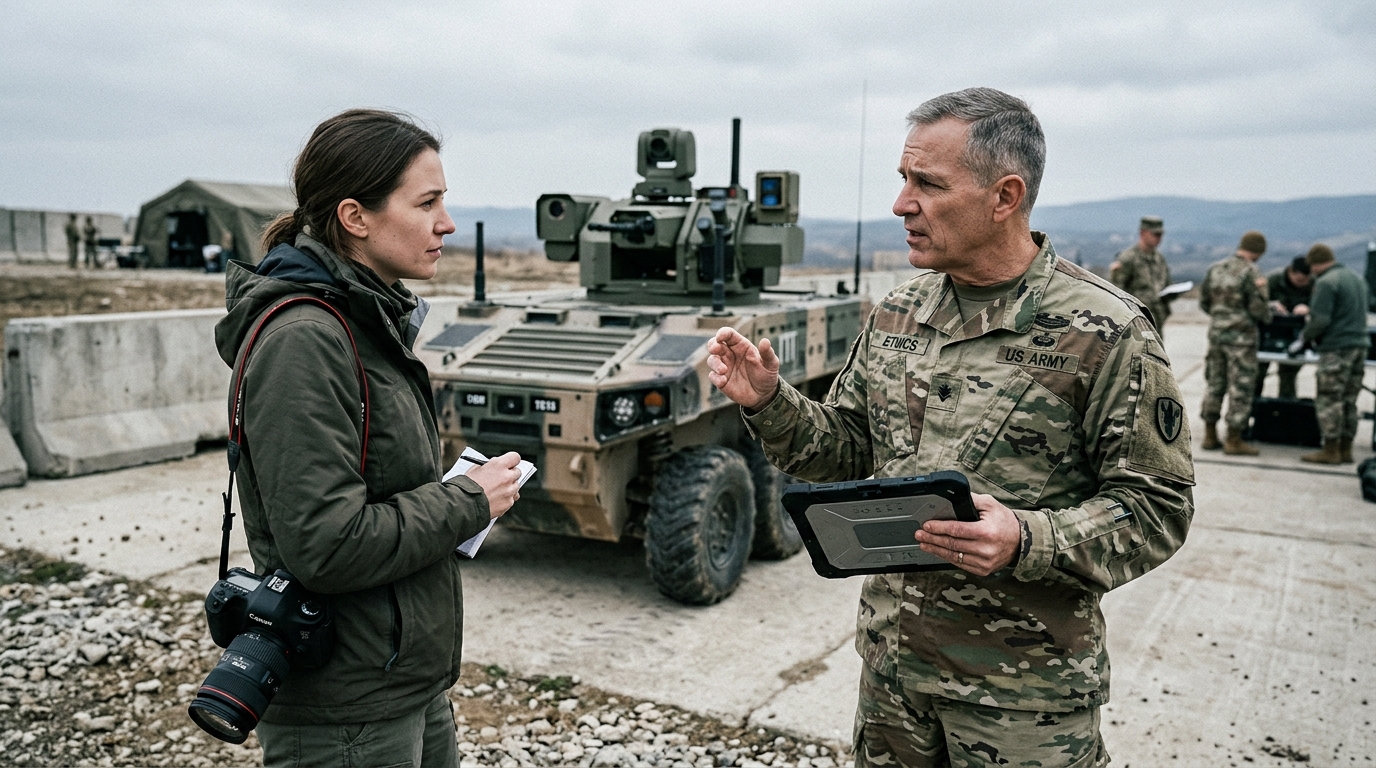Military AI and autonomous weapons systems on a digital battlefield.