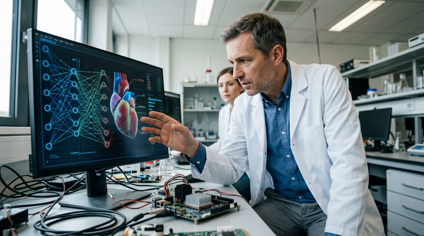 Digital heart visualization using AI cardiology algorithms by OpenEvidence for clinical support.