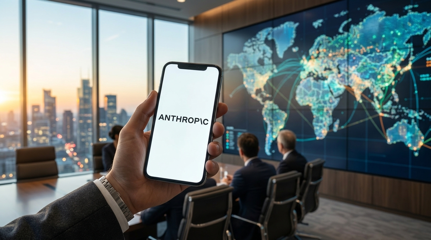 Anthropic logo against a background of digital data and artificial intelligence.