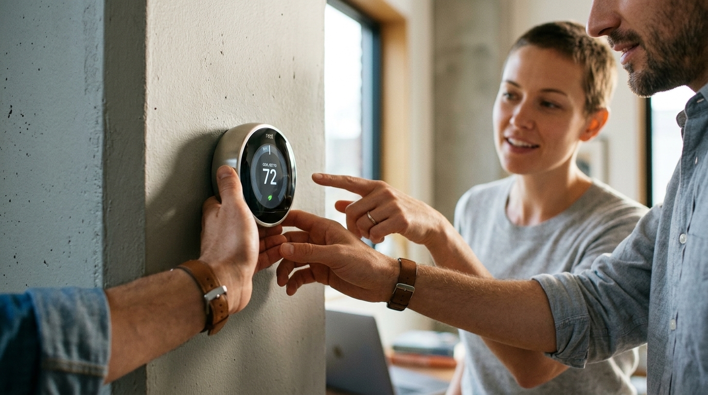 A Nest smart thermostat on a wall, representing smart home technology and innovation.