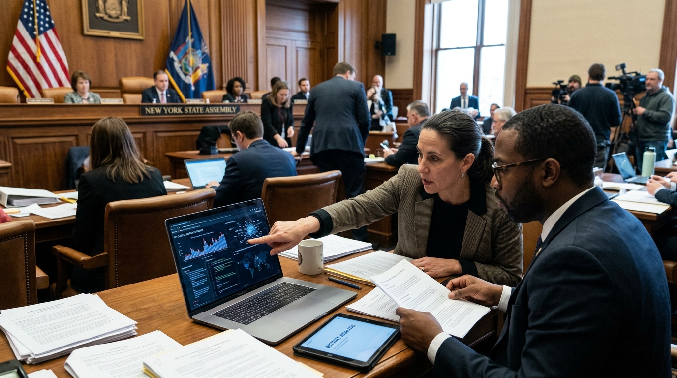 Digital representation of AI lobbying influence in New York's 12th District political landscape.