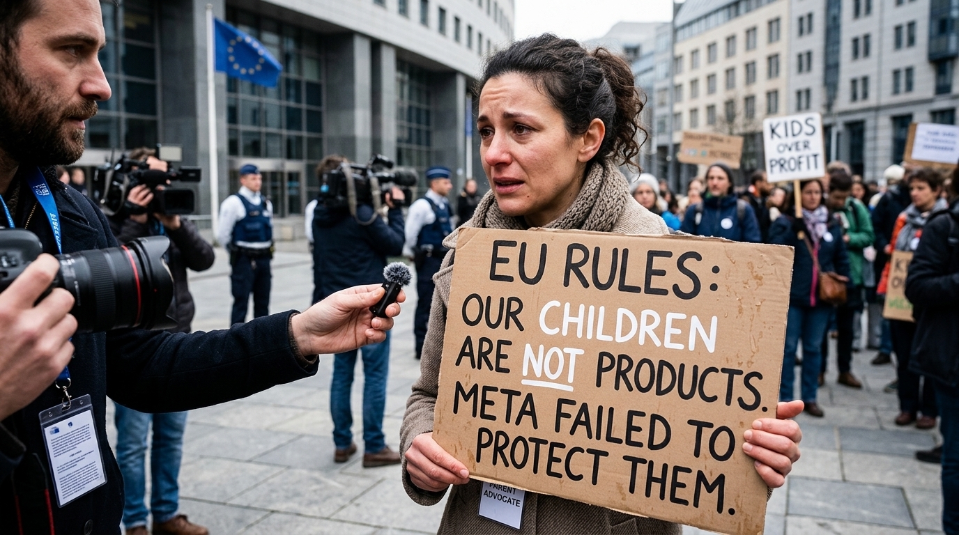 Το λογότυπο της Meta και η σημαία της Ευρωπαϊκής Ένωσης για την προστασία ανηλίκων.
