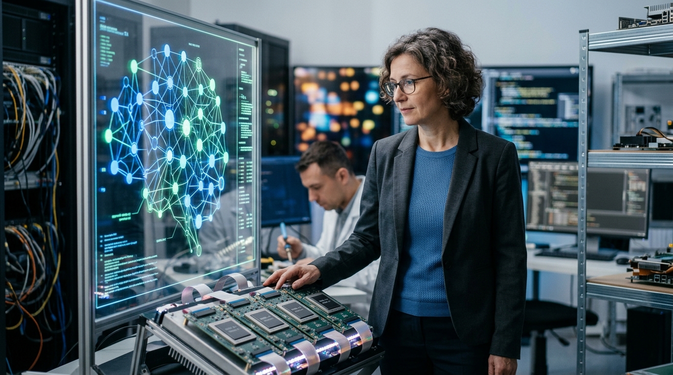 A professional worker skeptically reviewing generative AI data on a computer screen.