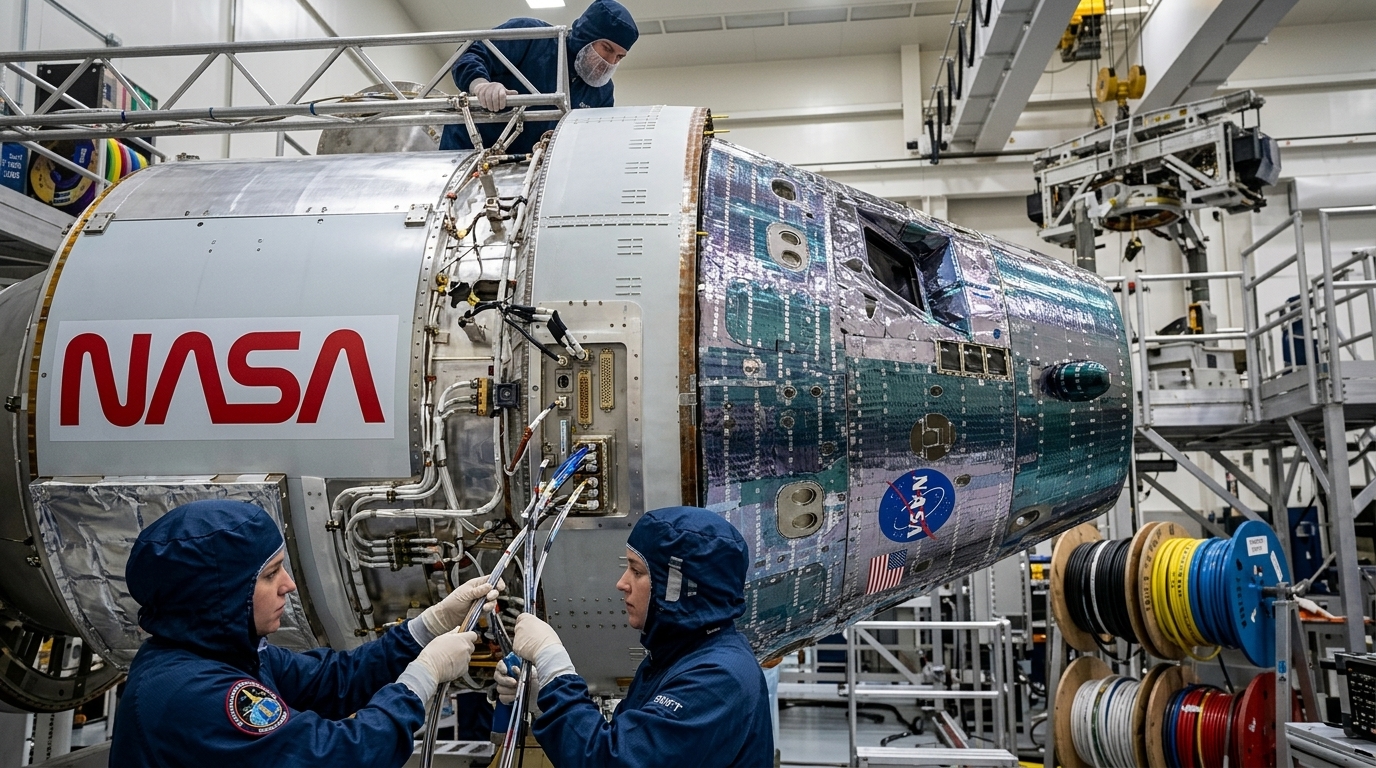 NASA autonomous robot performing repairs on the Swift Observatory in orbit.