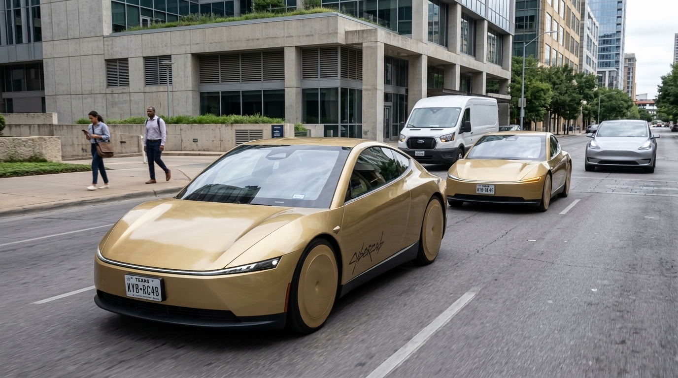 Tesla Cybercab autonomous vehicle undergoing testing on Texas roads to compete with Waymo.