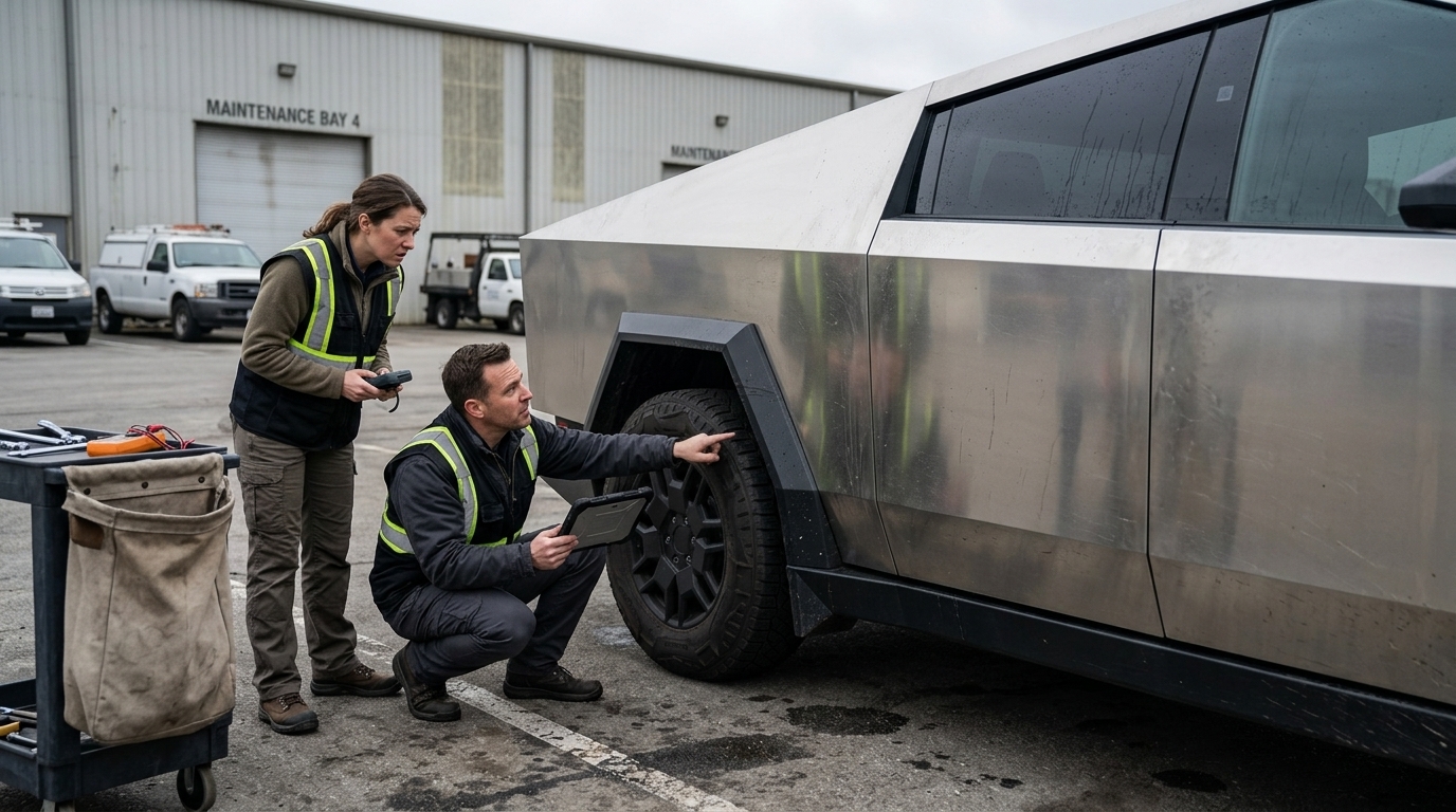 Tesla Cybertruck parked outdoors, referencing the safety recall for wheel detachment issues.